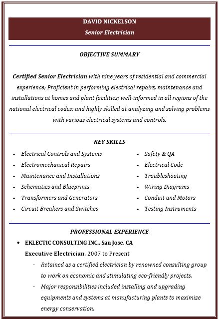 resume profile examples electrician